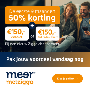 Ziggo 50 procent korting met €150 cashback of Bol.com cadeaukaart aanbieding