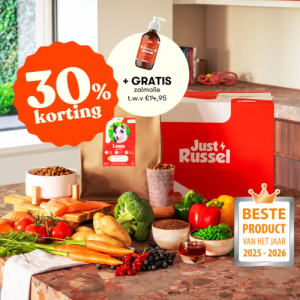 Just Russel hondenvoer met 30 procent korting en gratis zalmolie voor honden op maat gemaakt voer